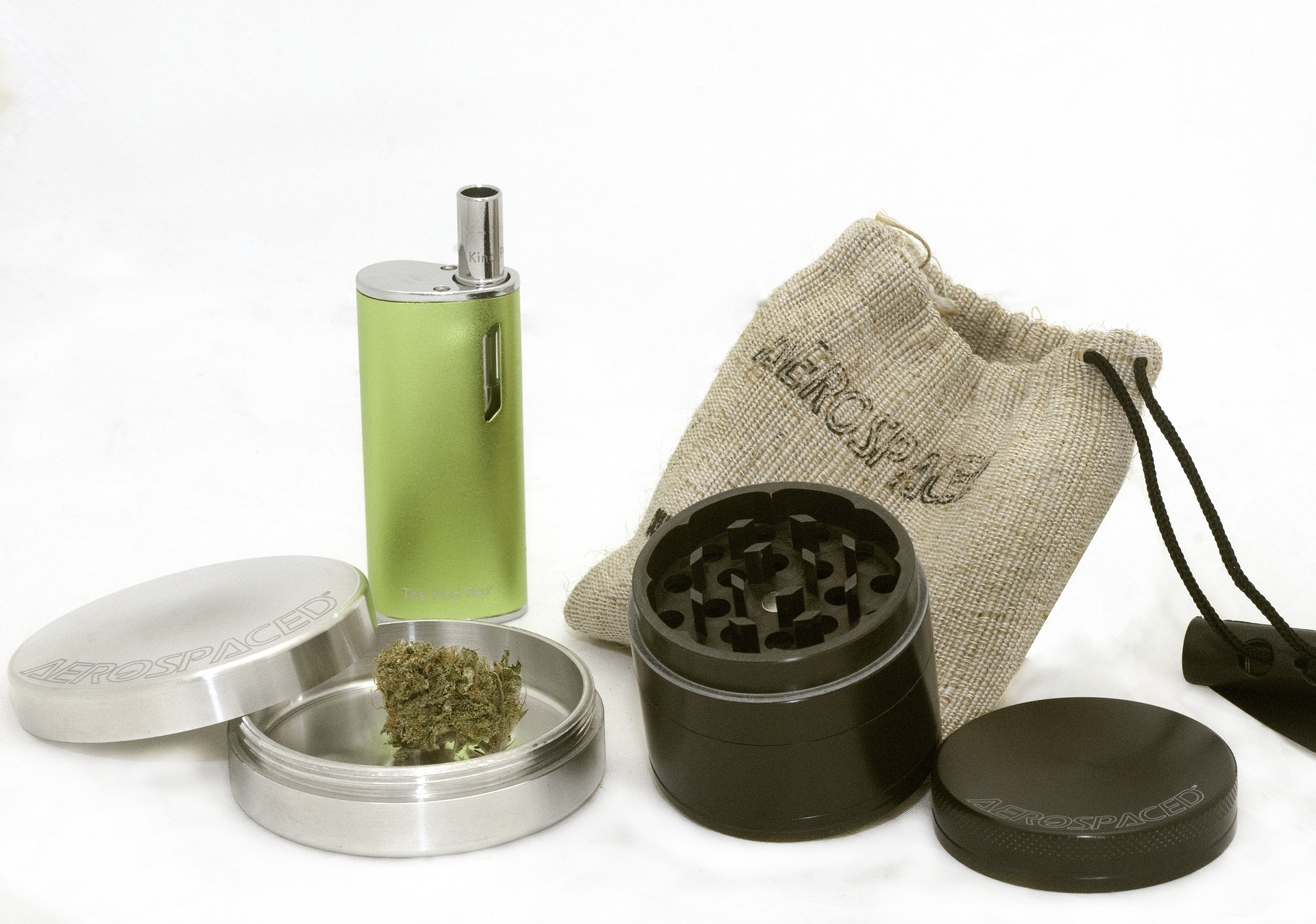 Several ways to use Cannabis, including a vape pen, grinder, and flower